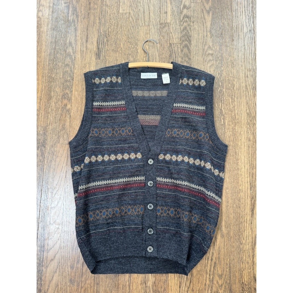 Collectif Italy Vintage Fair Isle Wool Blend Sweater Vest Gray Button Front L